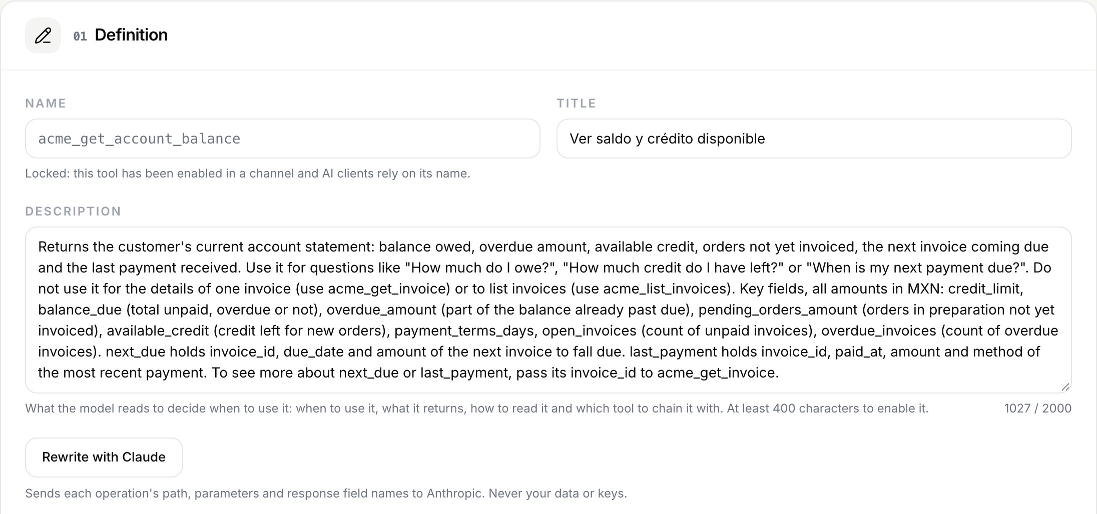 A tool definition with the description Claude wrote