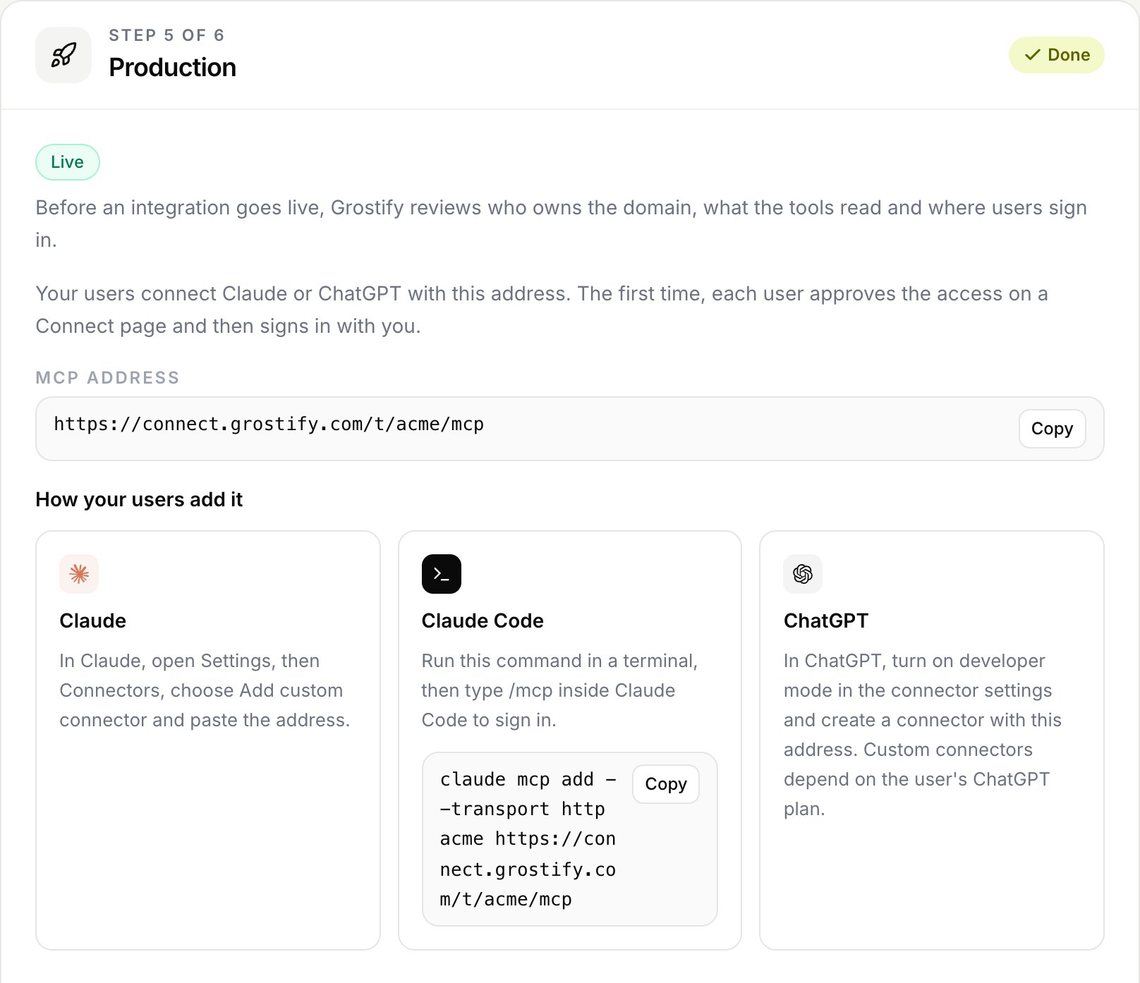 The production step with the MCP address and how users add it