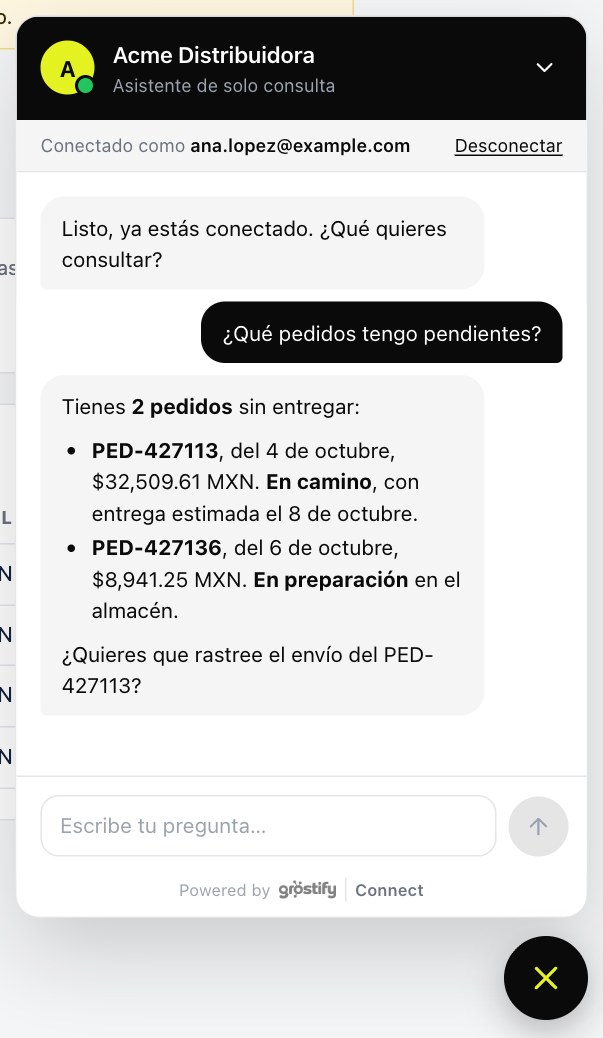 Panel del chat web con la respuesta del asistente sobre los pedidos del cliente