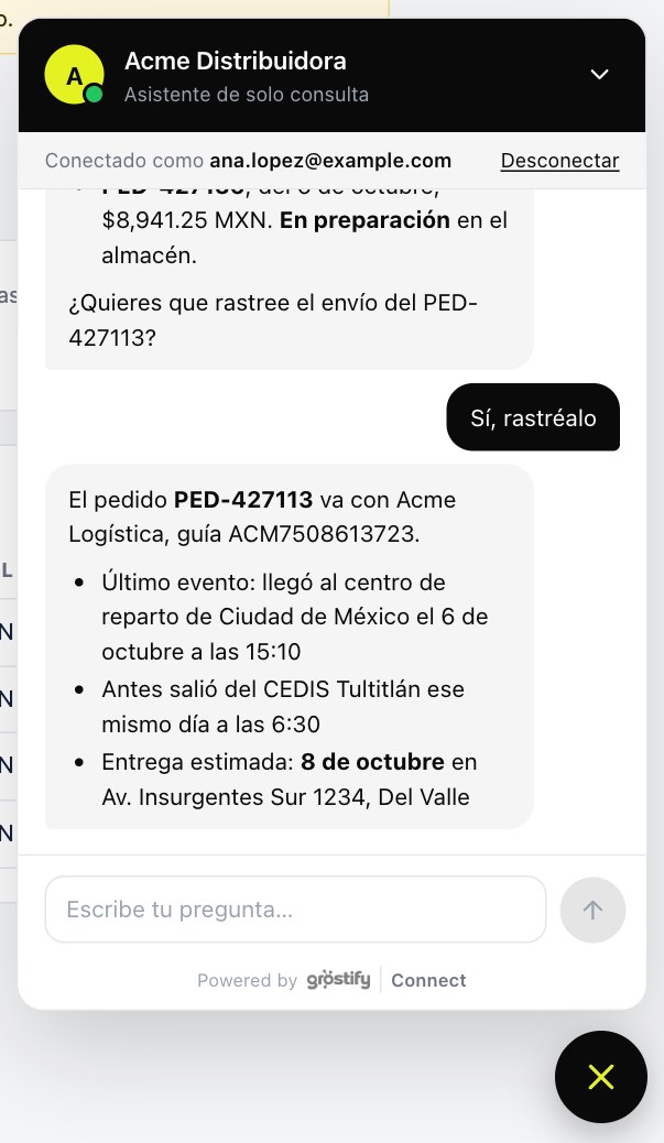 Panel del chat web con el seguimiento de un envío