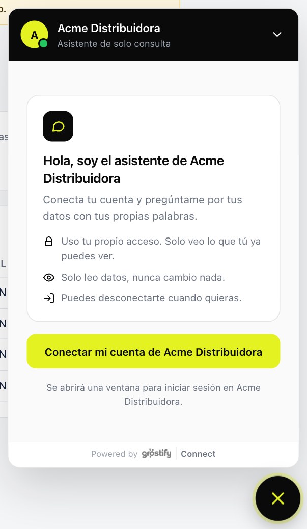 Panel del chat web con el mensaje de bienvenida y el botón para conectar la cuenta de Acme